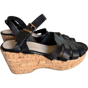 Womens Charlotte Russe Platform Strappy Black Wedge Cork Ankle Strap Sandals - 9